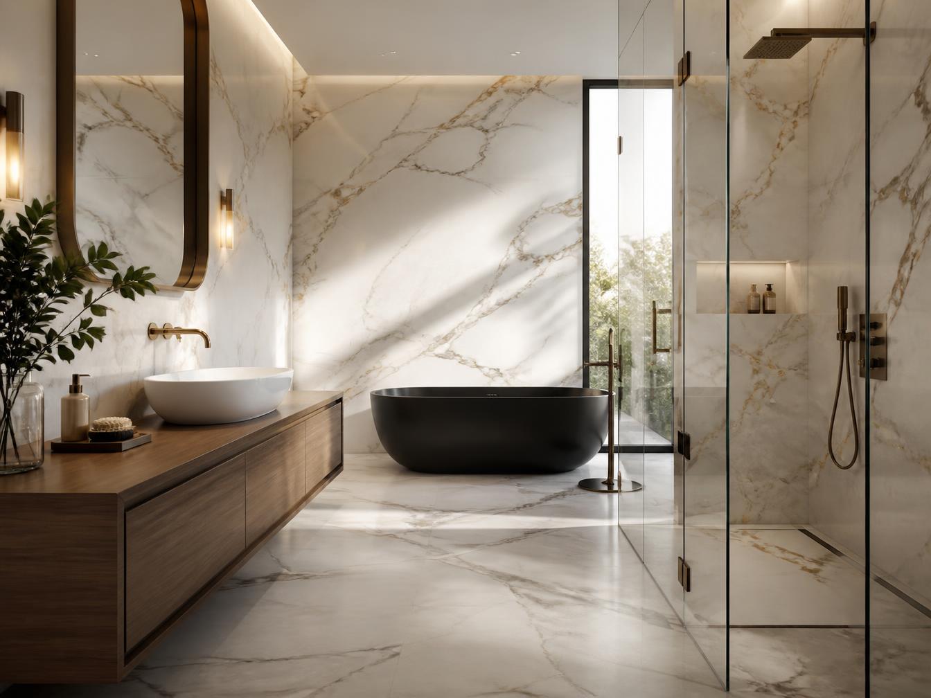 Baño de diseño con paneles decorativos de mármol ECOLUXE instalados por Gargon Plaza en Zaragoza