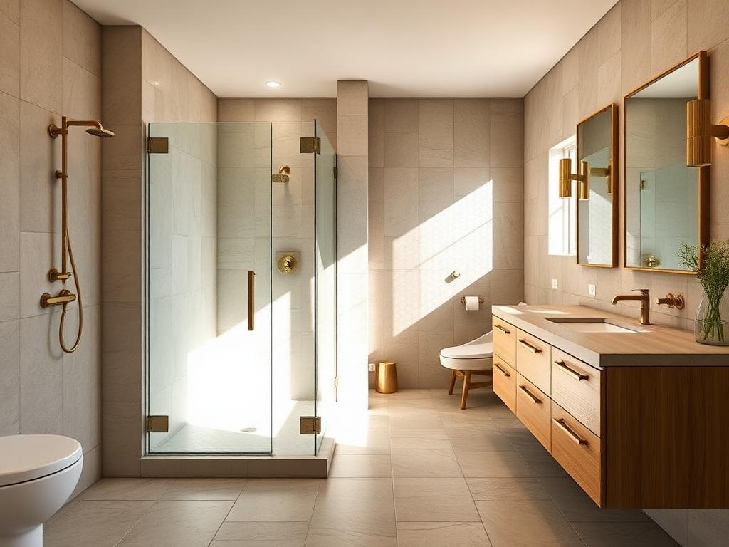 Baño reformado con ducha de obra, gres de gran formato y mueble de madera