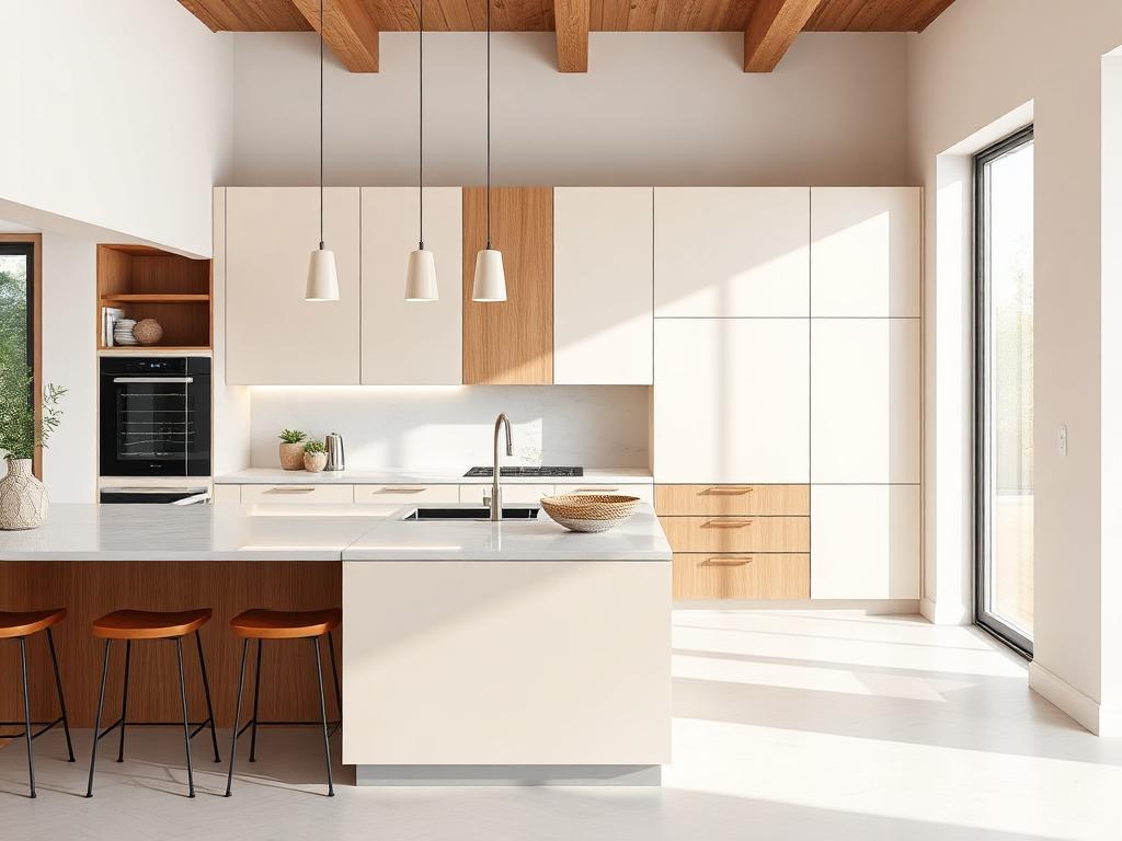 Cocina reformada con isla, muebles color crema y detalles de madera de roble